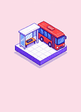 A pixel diorama: a bus shelter beside a red bus, with a phone on the bench showing five stars