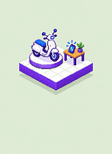 A pixel diorama: a white scooter on a display platform, beside a desk with a phone ringing
