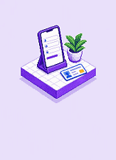 A pixel diorama: a phone on a violet stand showing a sign-up form, an identity card and a plant