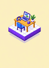 A pixel diorama: a small desk with a laptop full of chat messages, a headset and a mug