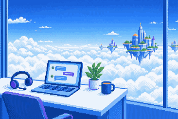 A help desk by a window high in a tower, with a headset and a laptop full of chat messages, and floating islands outside